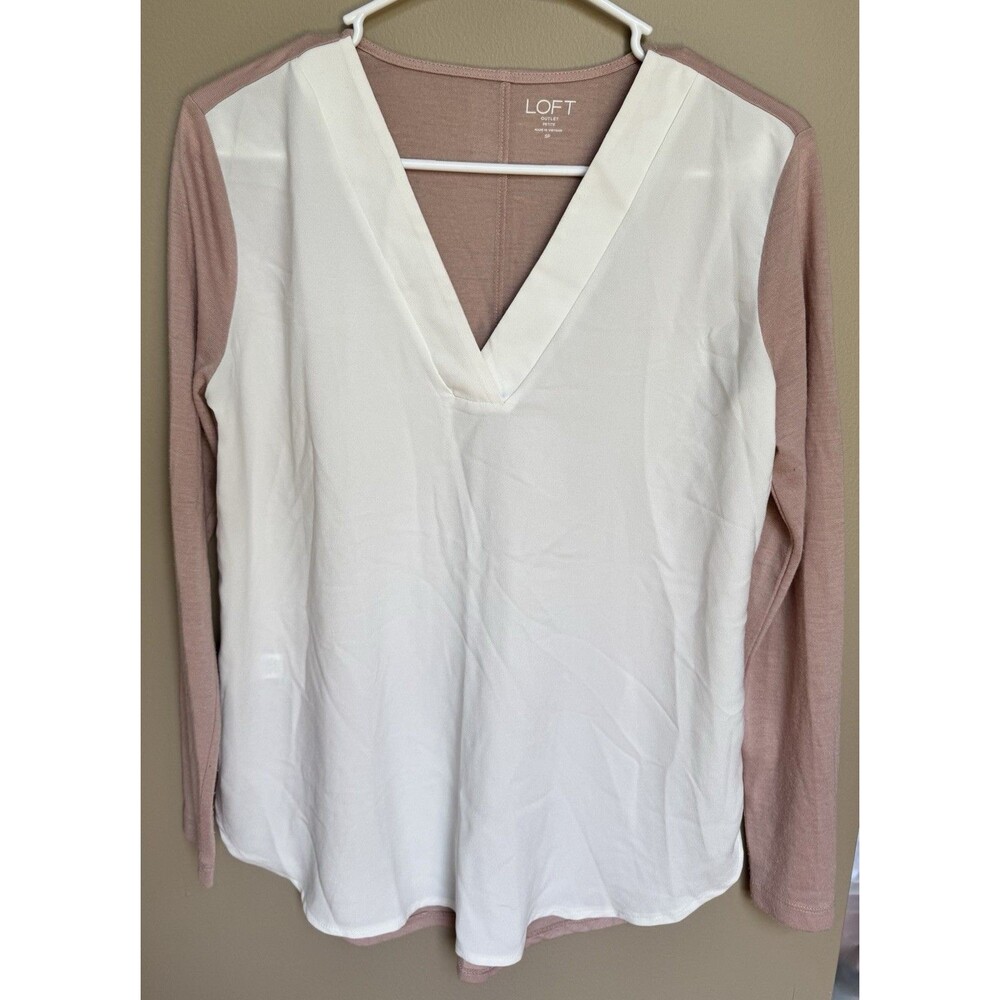 Ann Taylor LOFT Two-Tone Long Sleeve‎ V-Neck  Size Small Petite Pink White